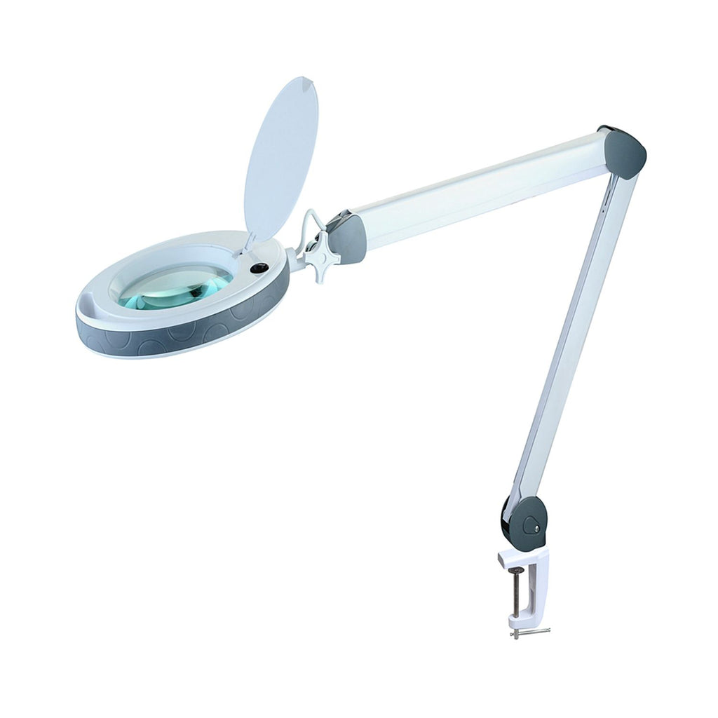 Lumeno LED magnifying lamp 851X with flexible swivel arm in grey - precision magnifying lamp with 152 mm crystal-clear glass lens and dimmable light